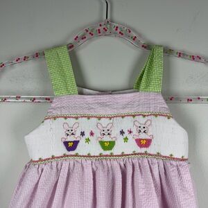 Babeeni Smocked Easter Seersucker Pink Green Spring Bunny Girls Dress Size 4T